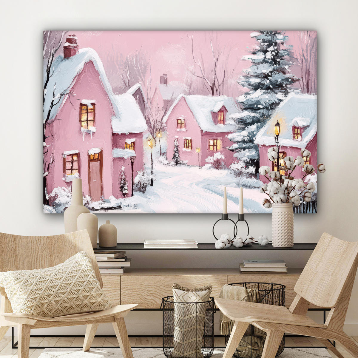 LEINWANDBILD Weihnachtsdorf - Rosa - Winter - Schnee - Häuser Wohnzimmer Groß 120x80 cm - Altrosa, Textil (120/80cm) - MuchoWow