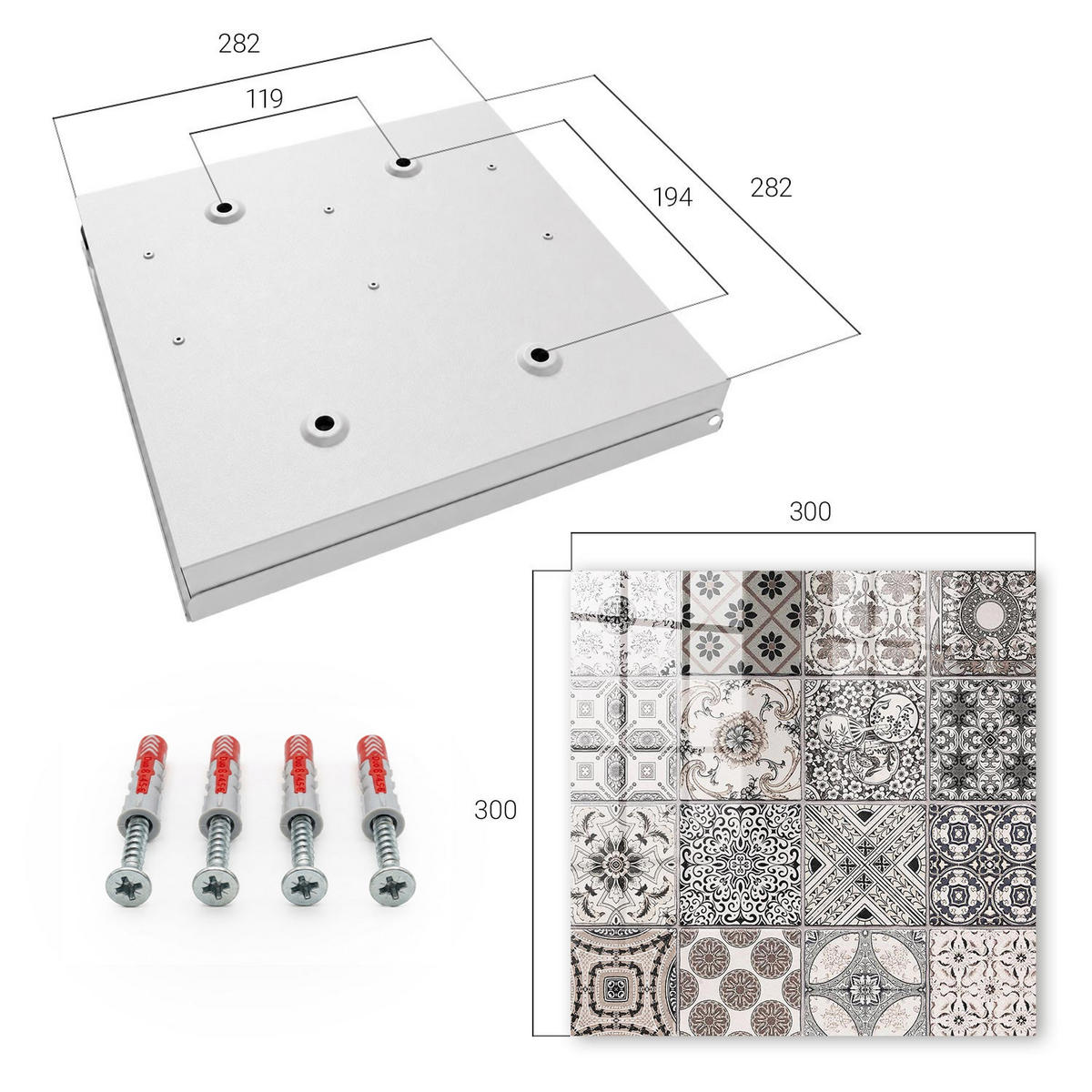 SCHLÜSSELBOX Weiß 30x30 cm – Türöffnung nach rechts - Stilvolle Fliesen - Schwarz, Metall (30/30/5cm) - TULUP