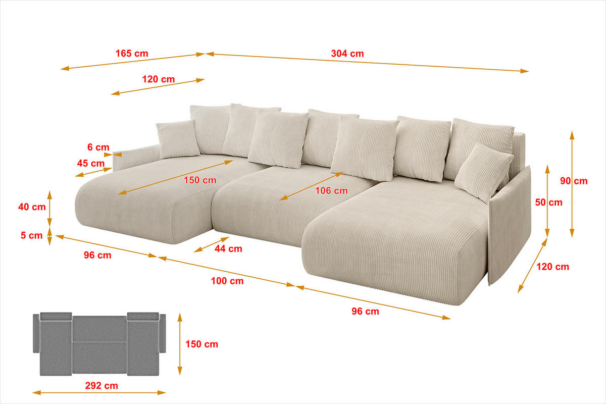WOHNLANDSCHAFT mit Schlaffunktion und Bettkasten ONESK-U-v1 304x165x40 Beige Cord - Beige, Holzwerkstoff/Kunststoff (304/90/165cm) - ALTDECOR