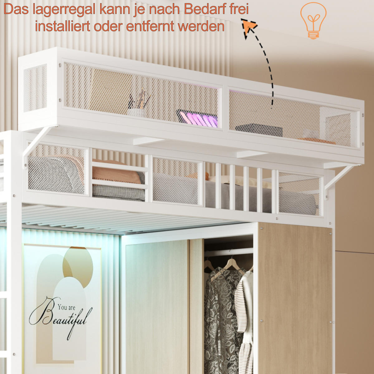 HOCHBETT aus Metall und Holz 90x200 cm Weiß mit Kleiderschrank, LED-Beleuchtung und Aufbewahrungsleiter - Weiß, Metall (90/200cm) - Modfu