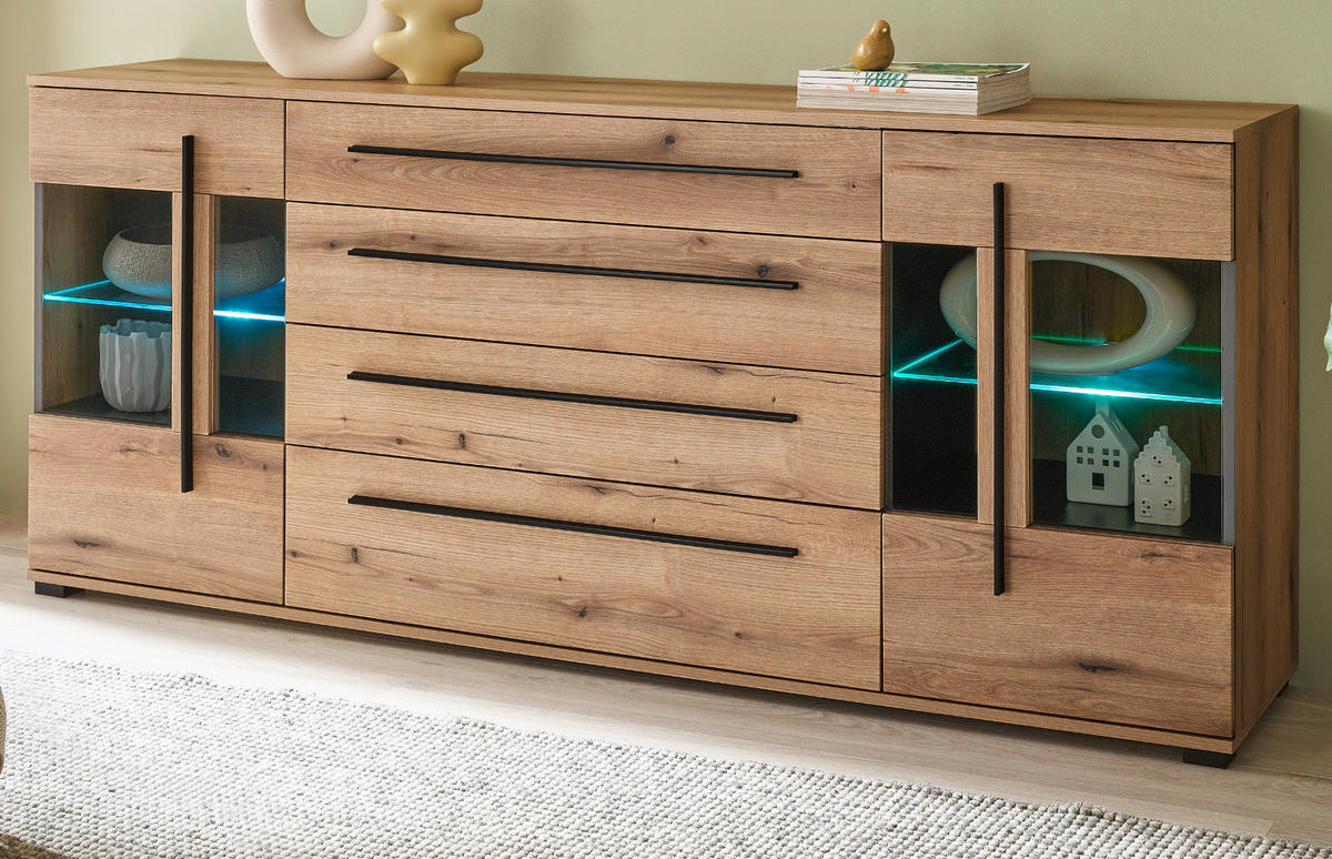 SIDEBOARD Eiche Evoke, Kommode 200 cm mit Soft-Close - Eichefarben/Schwarz, Glas/Holzwerkstoff (200/86/42cm) - Furn.Design