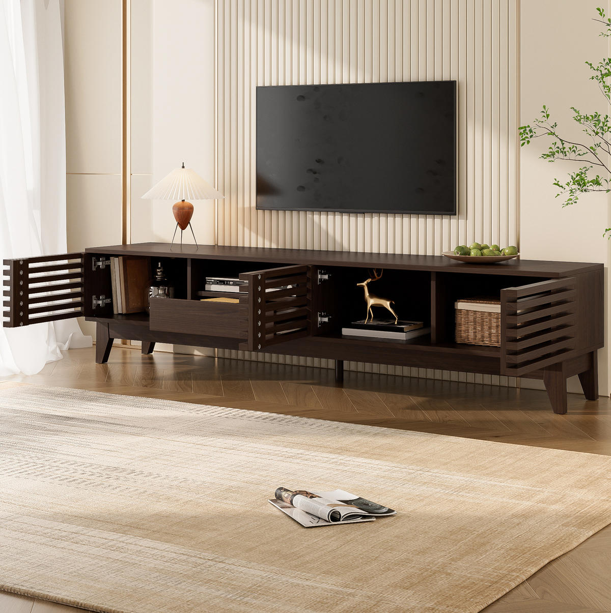 TV skříňka, 170/35/40 cm, dřevotříska v přírodní barvě, 3 dvířka a zásuvka - přírodní, kompozitní dřevo (170/40/35cm) - BEAOK