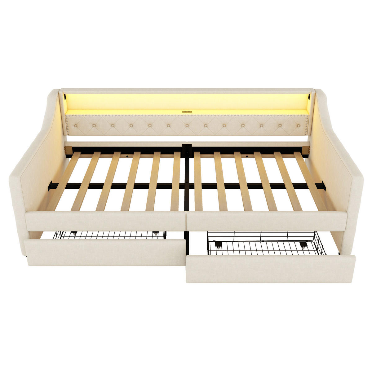 POLSTERBETT aus Leinen 90x200 cm in Beige mit LED-Beleuchtung & USB-Ladebuchse - Beige, Textil (90/200cm) - Modfu