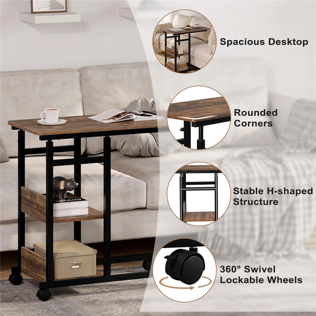 BEISTELLTISCH C-Form höhenverstellbar mit Rollen Braun Sofa Tisch - Braun, Metall (40/80/96cm) - Kaket