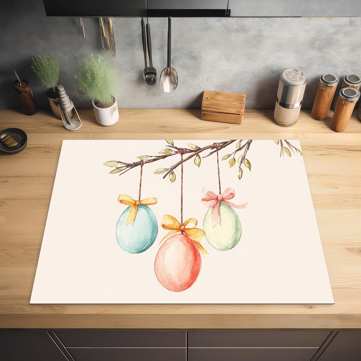 HERDABDECKPLATTE Osterkuchen - Schleife - Eier Induktionsmatte 77x59 cm - Creme, Kunststoff (77/59/0.2cm) - MuchoWow