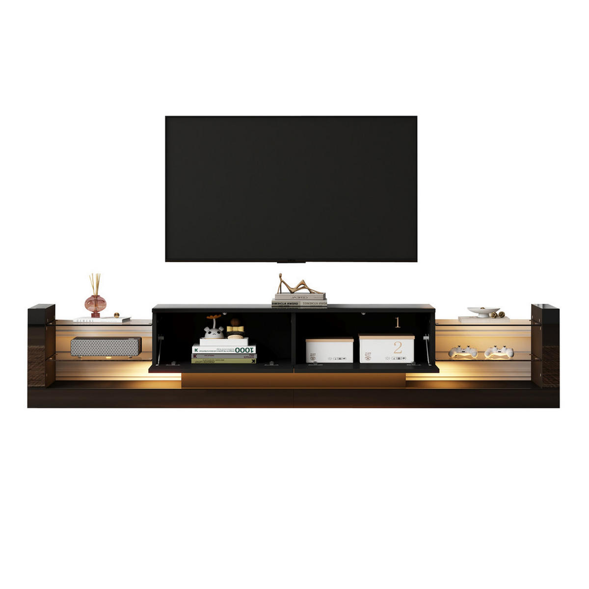 TV-SCHRANK 181cm LED Schwarz Glas 70-79 Zoll 2 Schubladen - Schwarz, Holz (45.72/15.88/101.6cm) - FLIEKS