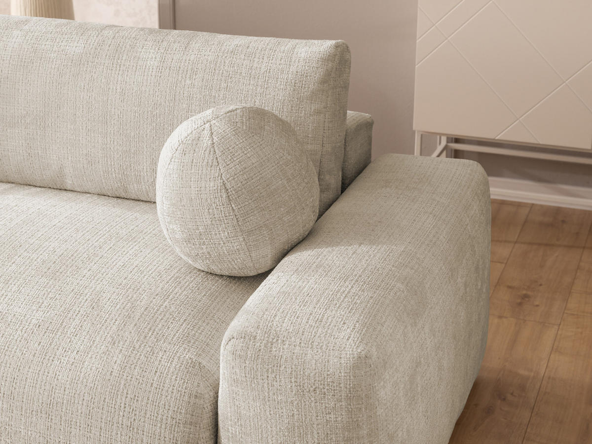 ECKSOFA Puffy mit Schlaffunktion und Bettkasten - besonders weich und puffig aus Beige Chenille-Stoff - Ottomane links - Beige/Creme, Holz/Kunststoff (138/266cm) - S-Style Möbel