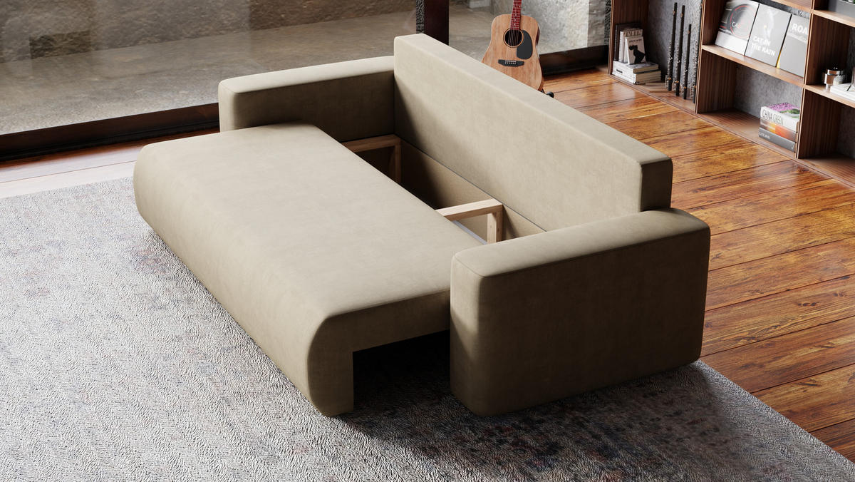 SOFA Bubi mit Bettkasten und Schlaffunktion, Velourstoff - Cappuccino, Holzwerkstoff (242/85/95cm)
