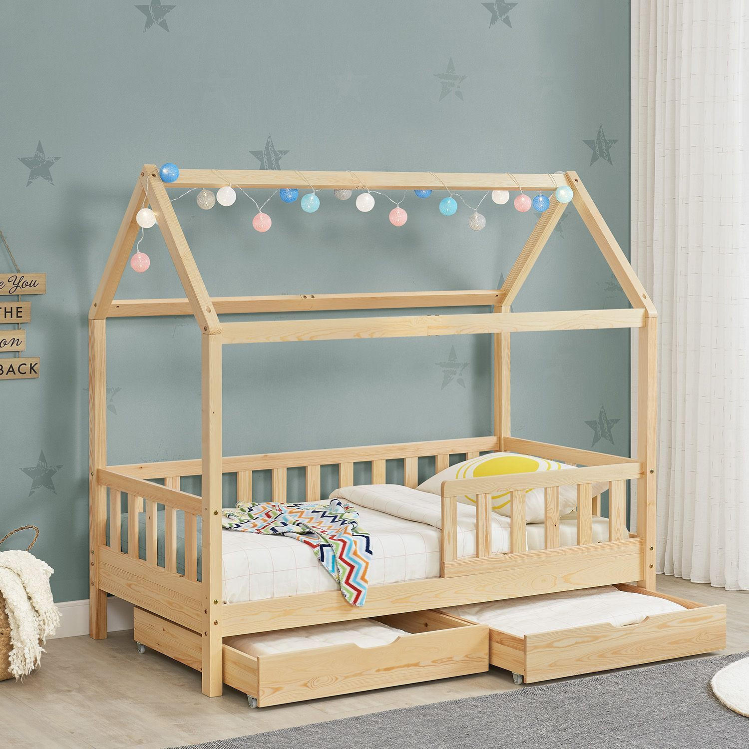 KINDERBETT Marli mit Matratze und Bettkasten natur 90x200 cm - Naturfarben, Holz (90/200cm) - Juskys