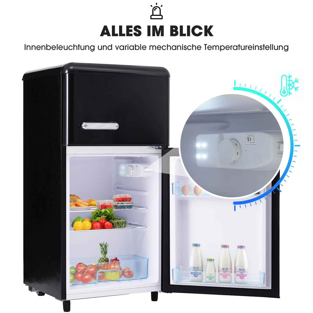 KÜHLSCHRANK 46/45/91 cm Schwarz 72L mit LED-Licht - Schwarz, Metall (45/91/46cm) - Oxeza