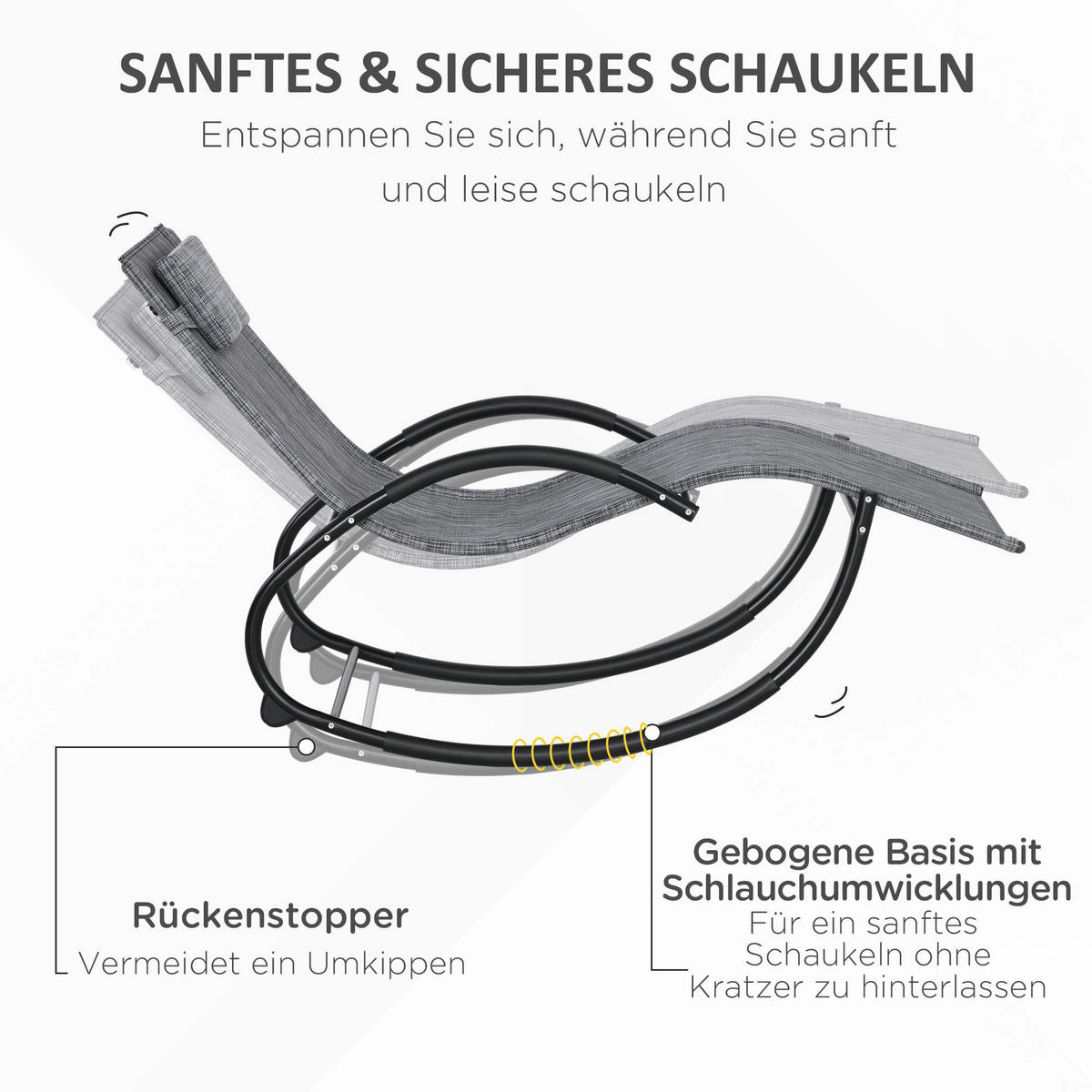 SCHAUKELLIEGE mit Kopfkissen, Texteline, Grau, 155 x 61 x 88 cm - Grau, Metall (61/88/155cm) - Outsunny