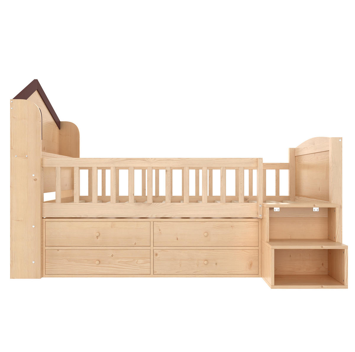 HALBHOHES Kinderbett 90/200 cm aus Kiefernholz mit LED-Beleuchtung, 4 Schubladen und Regalleiter, Weiß/Natur - Naturfarben, Holzwerkstoff (90/200cm) - Redom