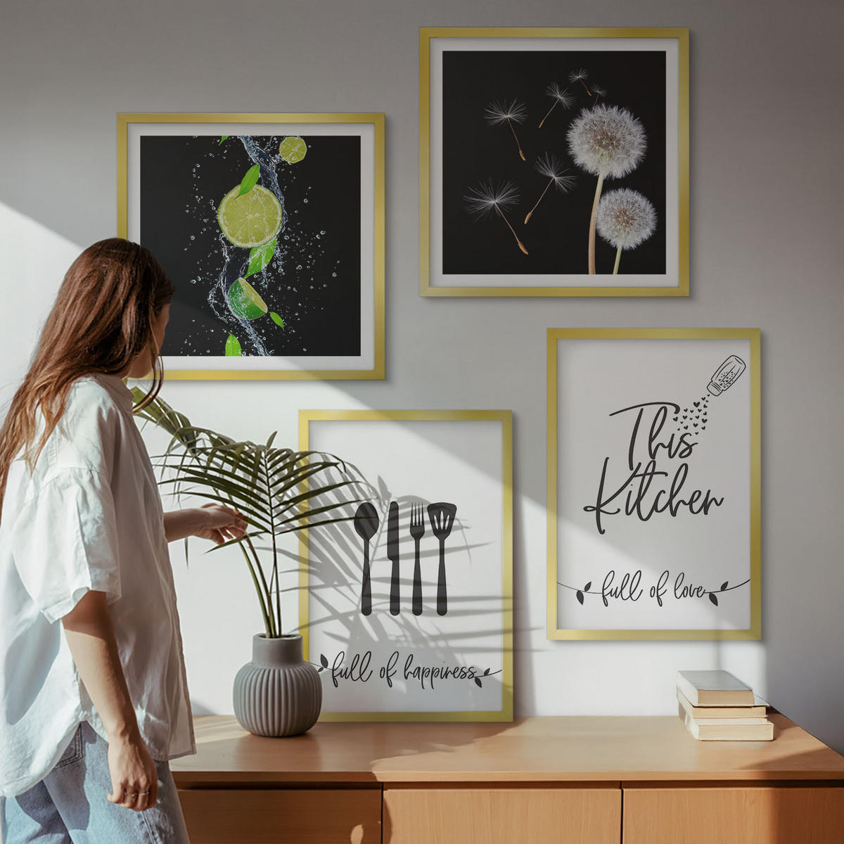 BILDER SET 4er Set - 50x50 cm & 40x60 cm Goldrahmen - Löwenzahn-Kalk-Kücheninschriften - Goldfarben, Kunststoff (50/50cm) - TULUP