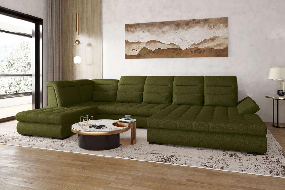 WOHNLANDSCHAFT Toscana Strukturstoff inkl. Schlaffunktion - Grün, Textil (358/87/208cm) - 99rooms