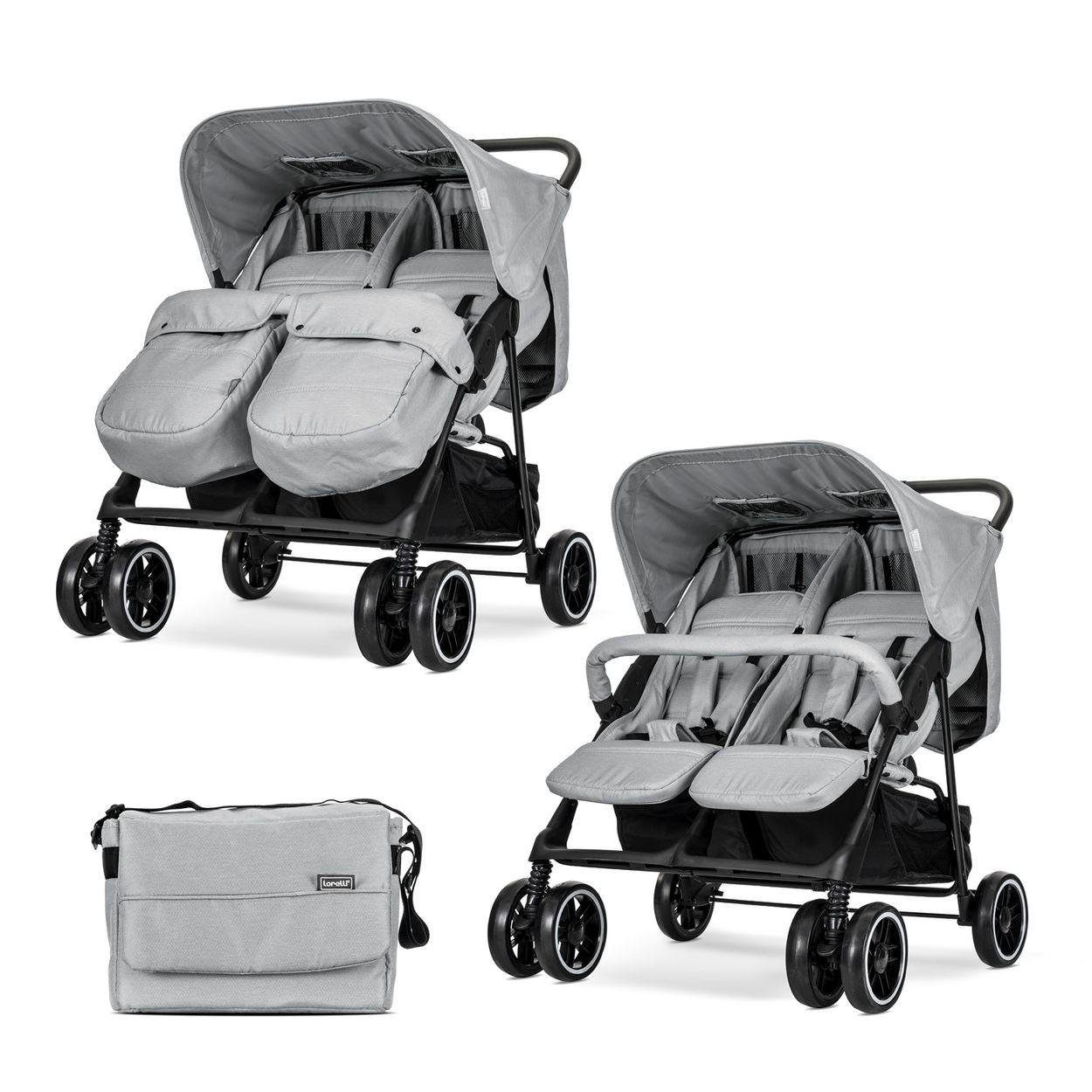 GESCHWISTERKINDERWAGEN TWIN grau gemustert Wickeltasche Einhand-Klappsystem Fußabdeckung - Schwarz, Metall (86/84/110cm) - Lorelli