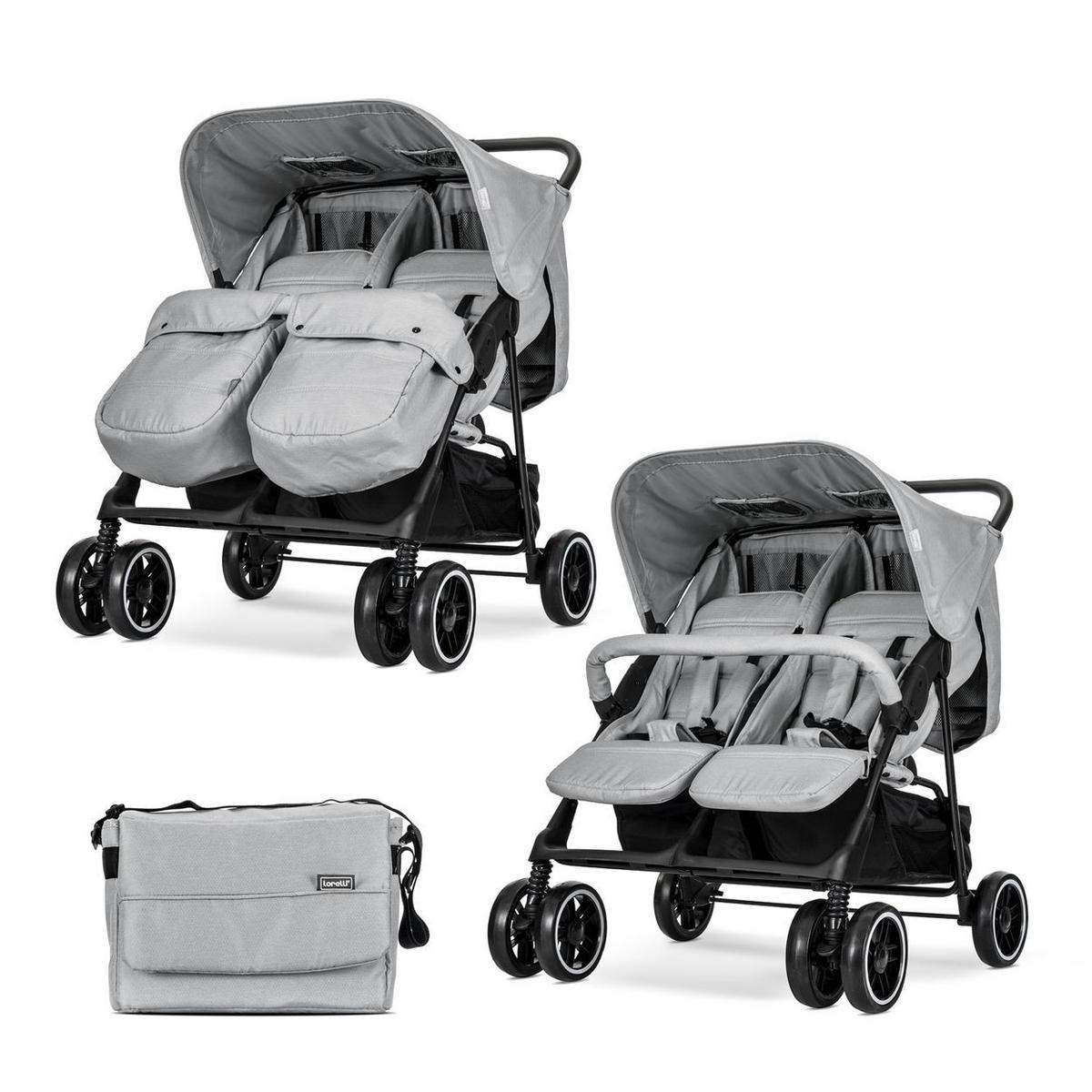 GESCHWISTERKINDERWAGEN TWIN grau gemustert Wickeltasche Einhand-Klappsystem Fußabdeckung - Schwarz, Metall (86/84/110cm) - Lorelli