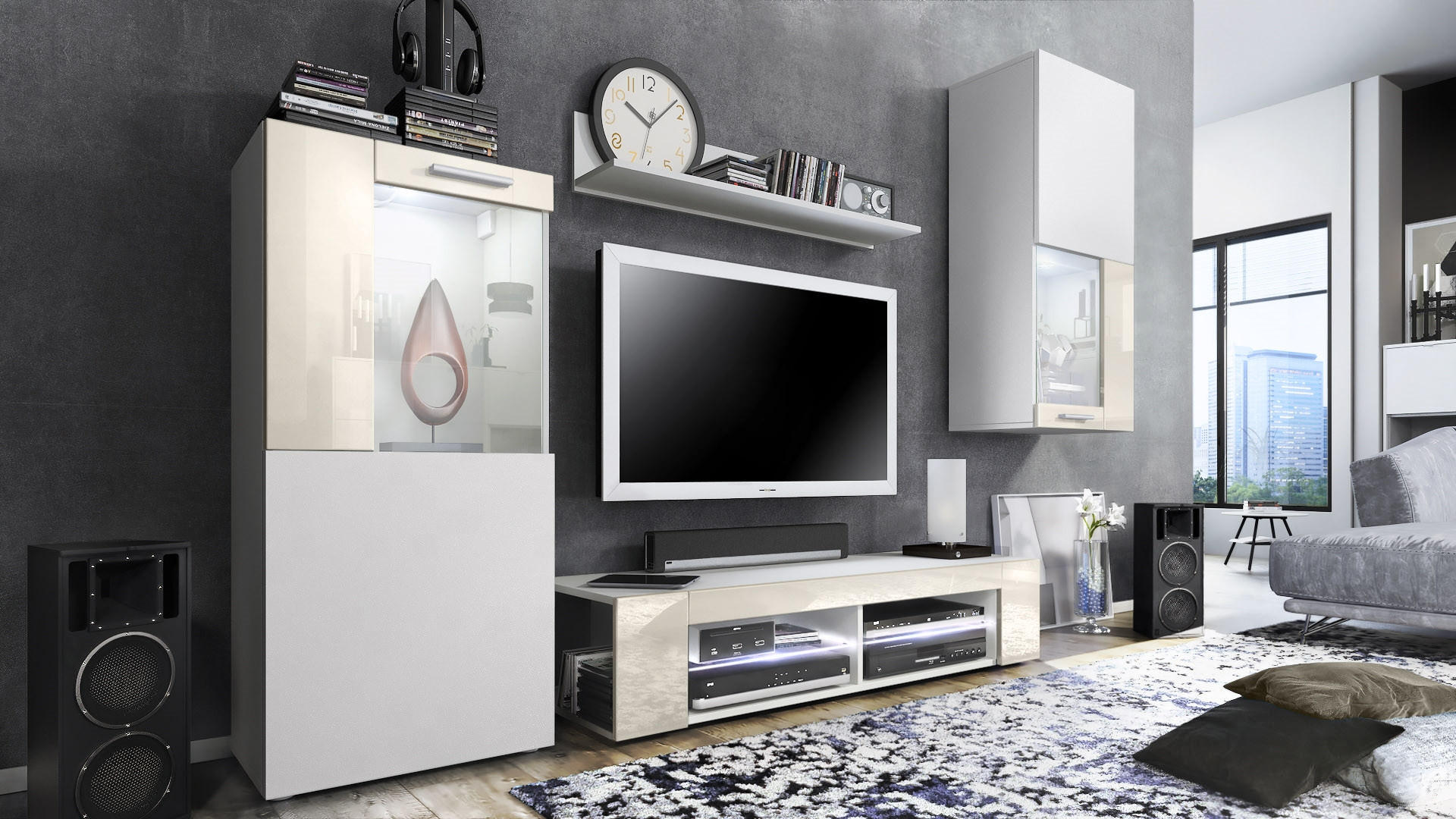 WOHNWAND Movie Absetzungen in Creme Hochglanz - Creme, Holzwerkstoff (300/190/39cm) - Vladon