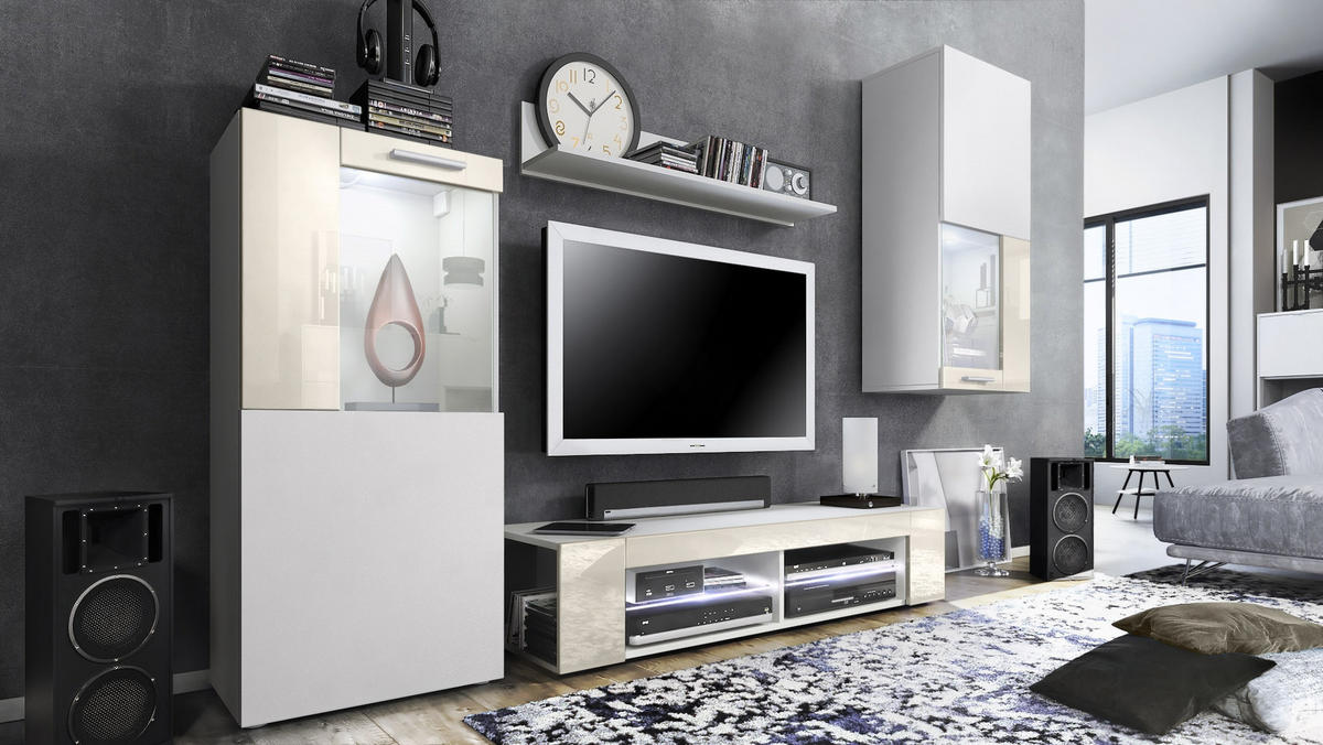 WOHNWAND Movie Absetzungen in Creme Hochglanz - Creme, Holzwerkstoff (300/190/39cm) - Vladon