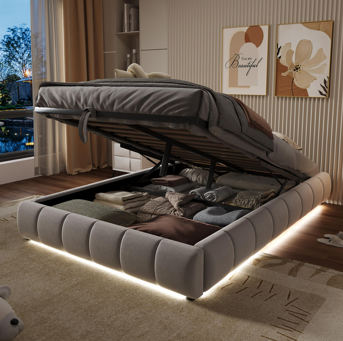 POLSTERBETT mit LED-Beleuchtung 140/200 cm mit Bettkasten in Beige - Beige, Textil (140/200cm) - BEAOK