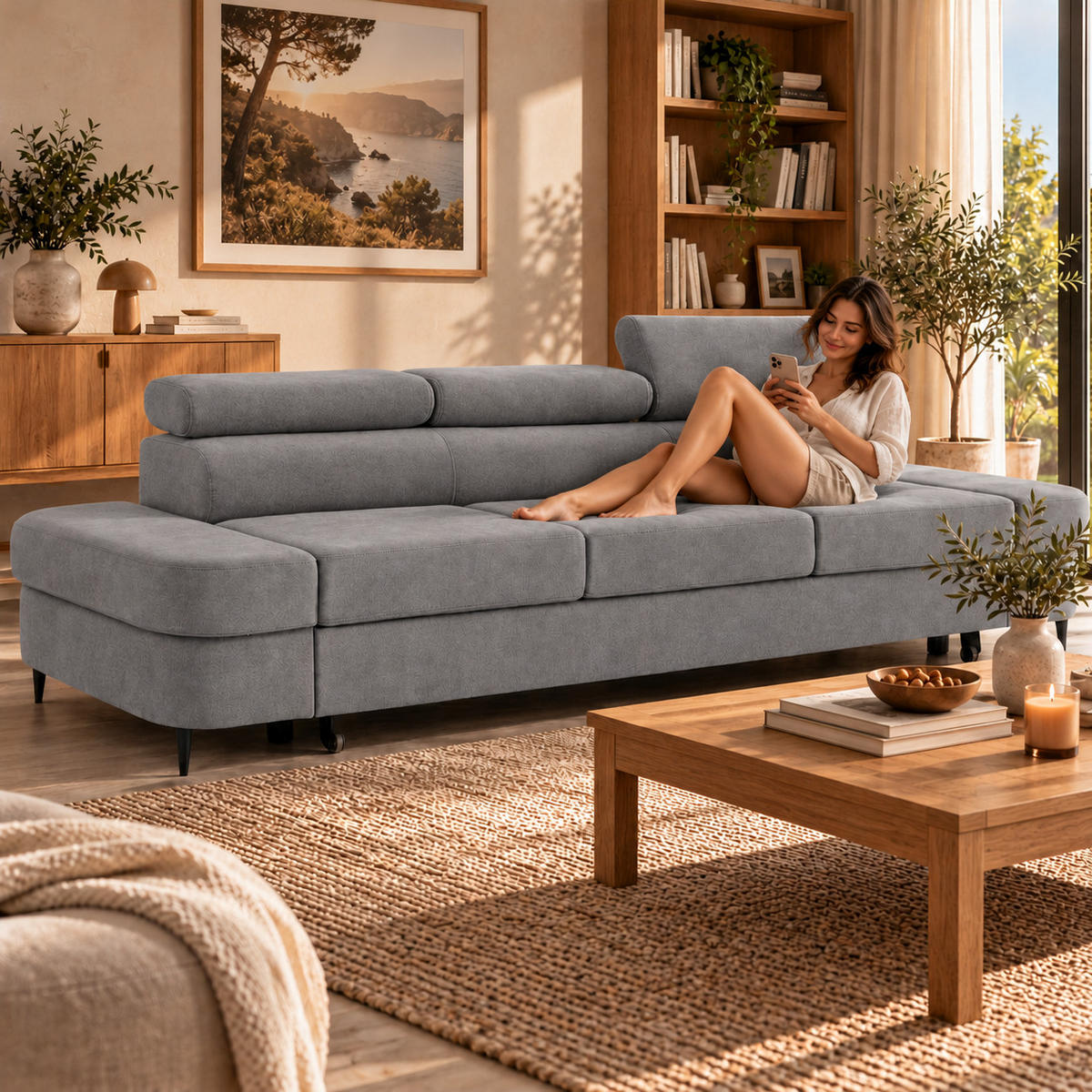3-SITZER Sofa PRIAM mit Schlaffunktion 125x277 Velours Grau - Schwarz/Grau, Holz/Textil (278/95/102cm) - Muffo