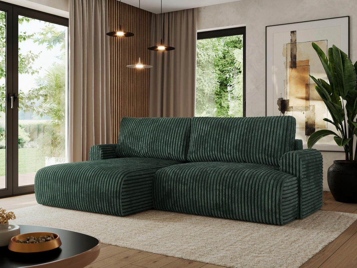 ECKSCHLAFSOFA TONO L Grün Cord - links - Schwarz/Grün, Kunststoff/Textil (260/150cm) - MKS