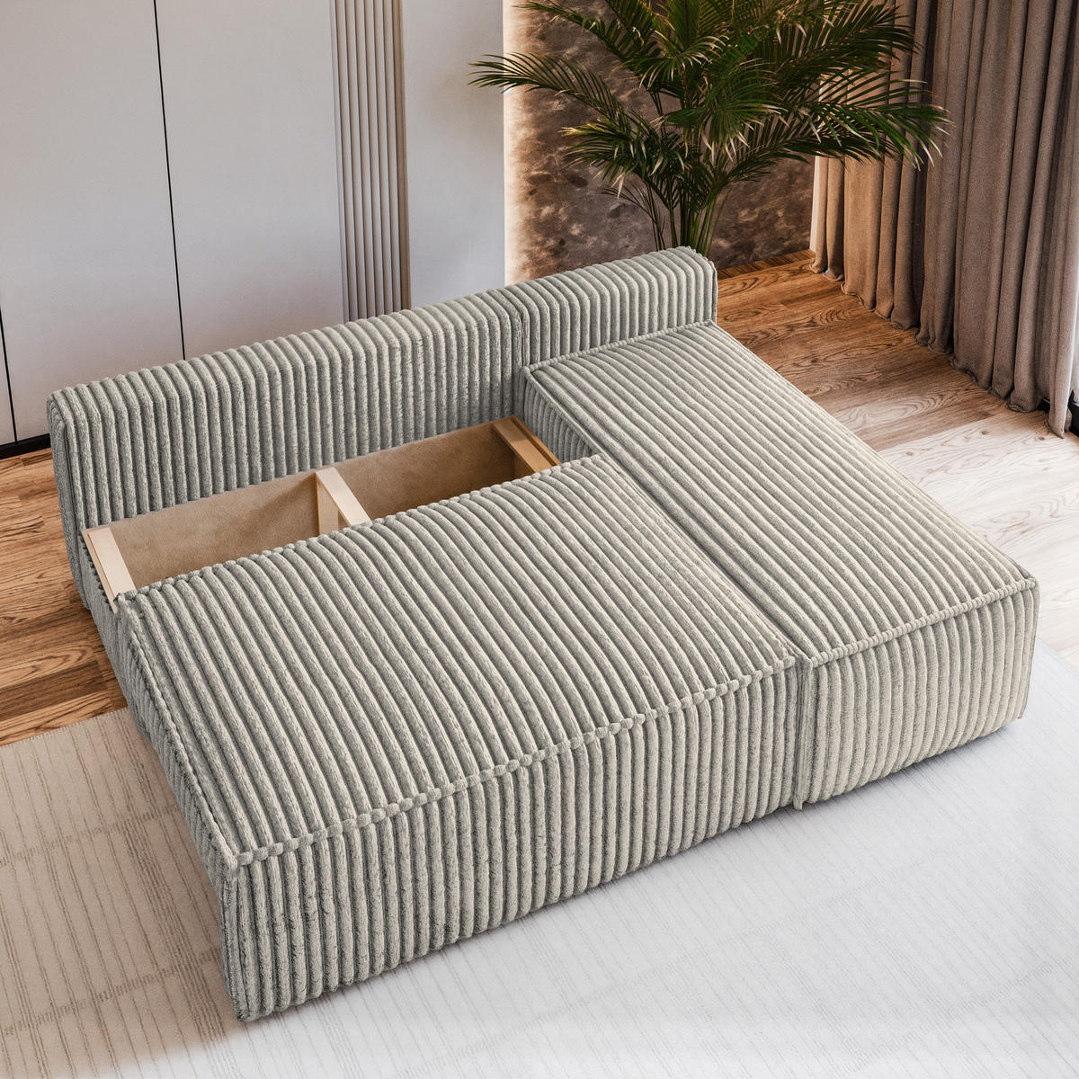 ECKSOFA BRISO T Hellgrau Kordstoff mit Schlaffunktion - Hellgrau, Holz (200/140cm) - MASSENO