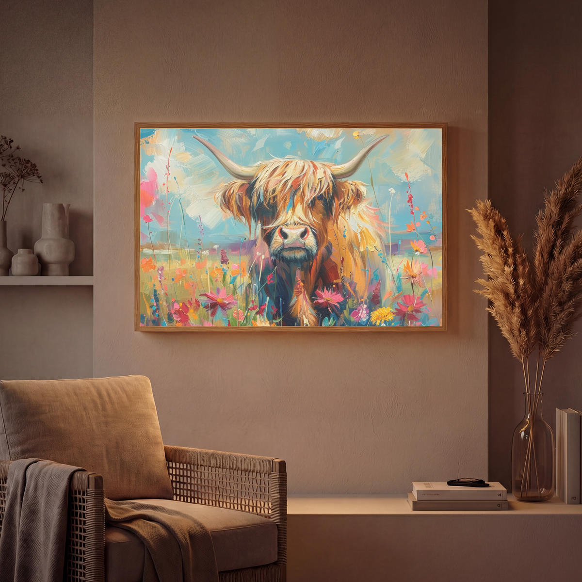 NÁSTĚNNÁ LAMPA S AKUMULÁTOREM Skotský horal - Příroda - Barevné - Květiny 90x60 cm - různobarevná, kompozitní dřevo (90/60/8cm) - OnlyWow