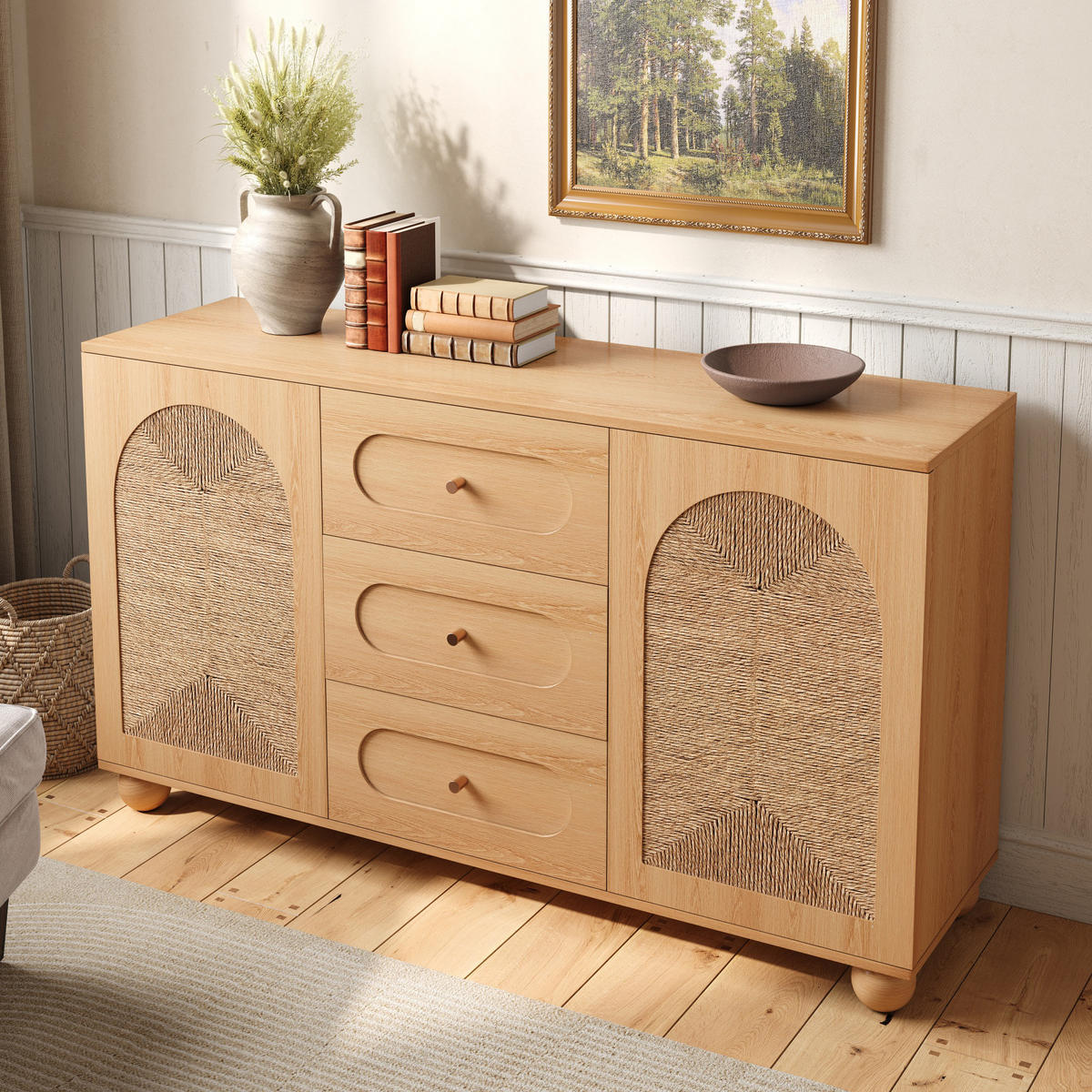SIDEBOARD Seilgeflecht Türen 3 Schubladen Kieferfüße Modern - Naturfarben, Holzwerkstoff (140/80/40cm) - FLIEKS