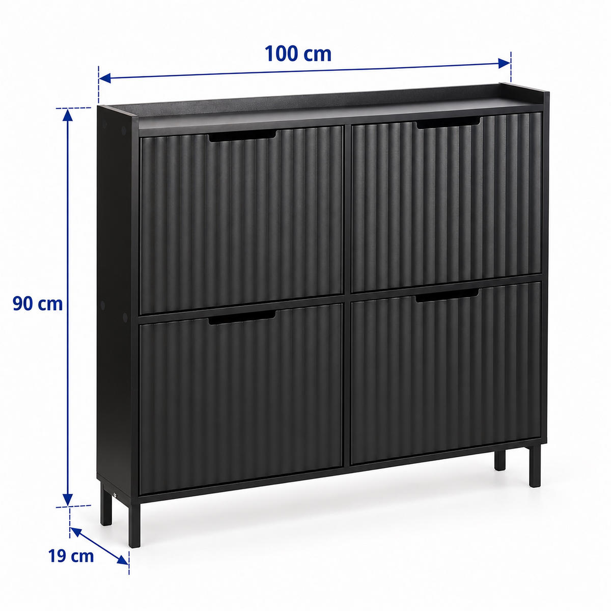 SCHUHKIPPER Schwarz geriffelt 4 Fächer 90x100x19 cm - Schwarz, Holzwerkstoff/Metall (100/90/19cm) - Relaxdays