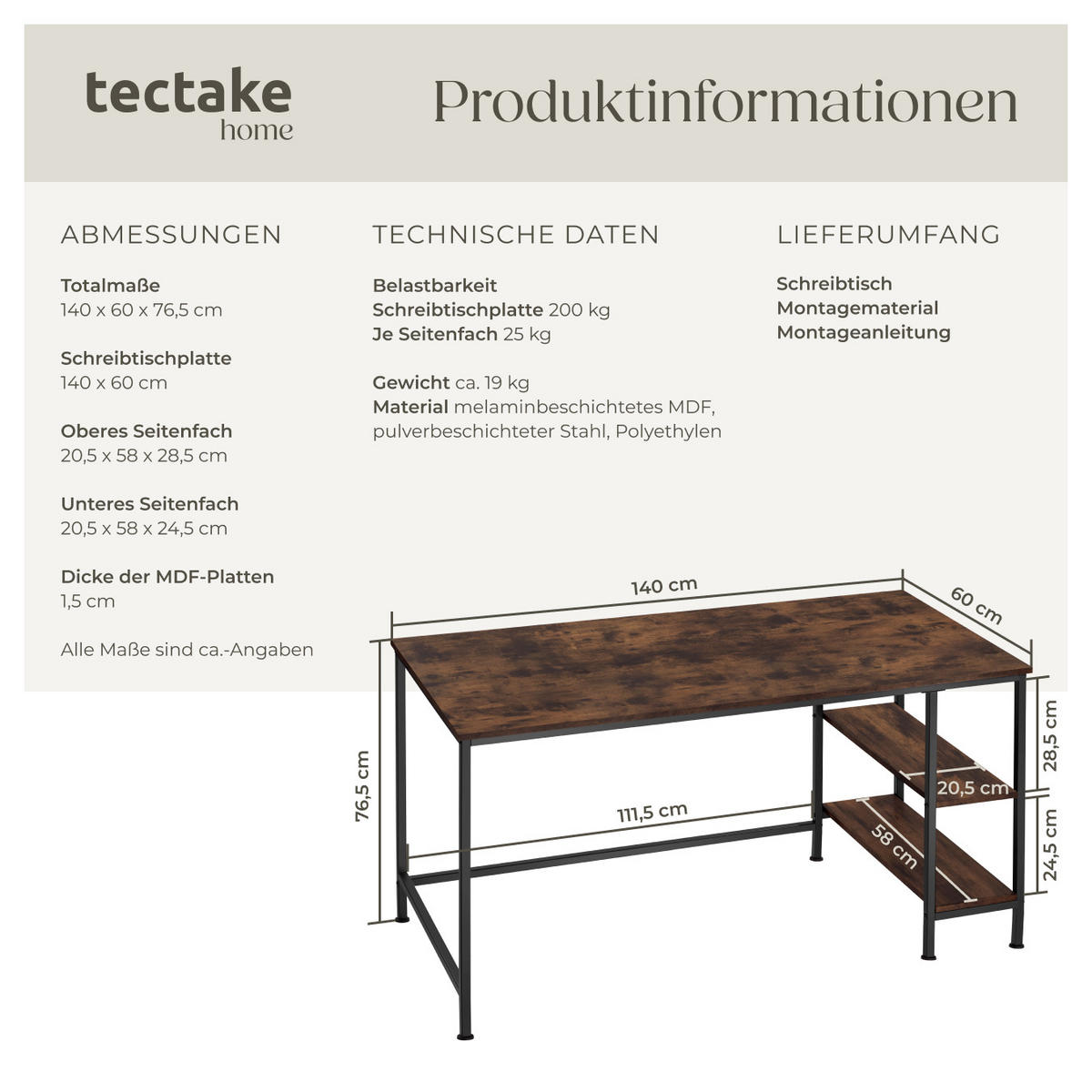 SCHREIBTISCH Donegal,140 x 60 x 76,5 cm,Industrial Holz dunkel, rustikal - Rostfarben, Holz (140/60/76.5cm) - tectake