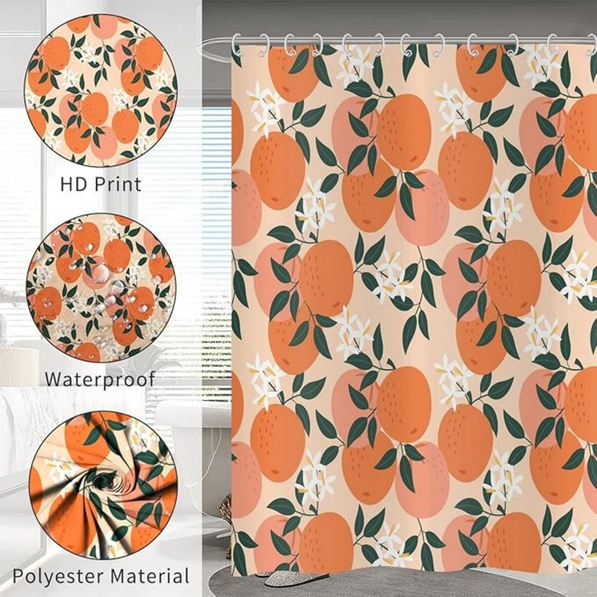 DUSCHVORHANG Orange Rosa Grün Blätter Blumen Aquarell wasserdicht mit Haken - Orange, Textil (180/180cm) - MCBOSON