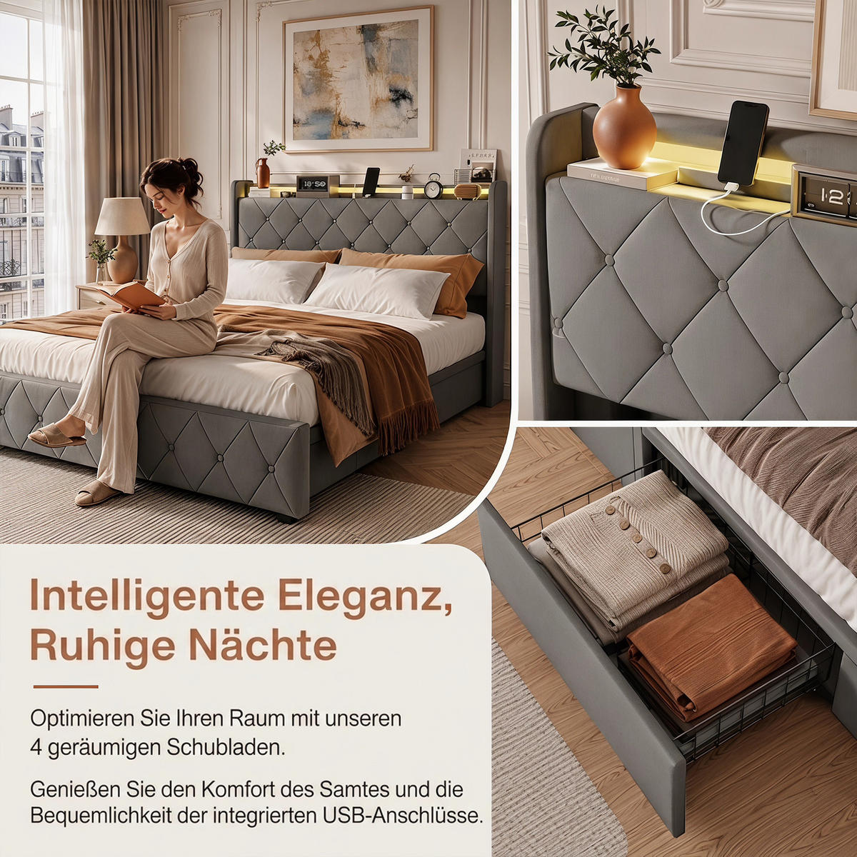 POLSTERBETT, LED-Beleuchtung Doppelbett 140x200cm mit Ladefunktion und 4 Schubladen, Samt, grau - Grau, Holz/Holzwerkstoff (140/200cm) - GENKI LIVING