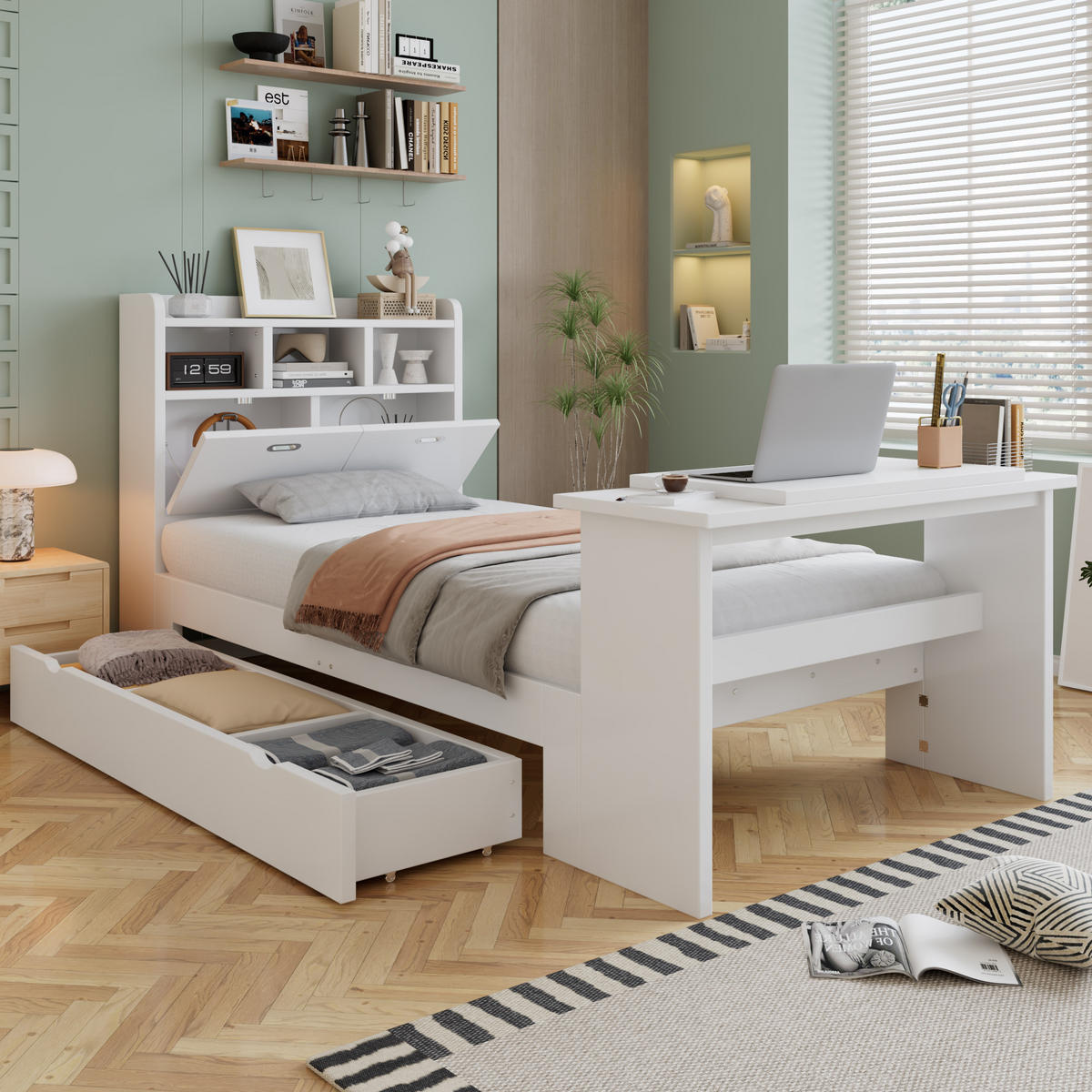 JUGENDBETT 90/200 cm in Weiß mit Stauraum, Kopfteilregal und Klapptisch aus Holz - Weiß, Holzwerkstoff - STILVORA