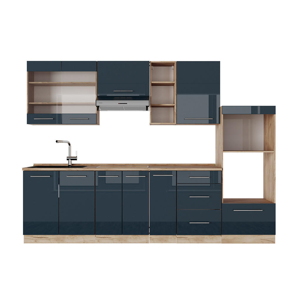 KÜCHENZEILE Fame-Line Dunkelblau Hochglanz/Goldkraft Eiche 280 cm AP Eiche - Eiche Wotan/Dunkelblau, Holzwerkstoff (280/81.6/60cm) - Vicco