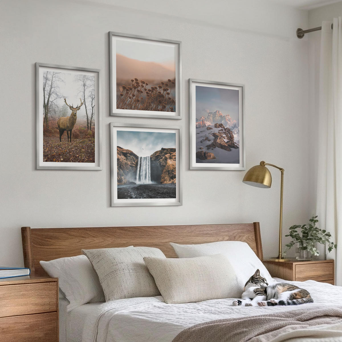 BILDER SET 4er Set - 50x50 cm & 40x60 cm Silberner Rahmen - Wilde Landschaften, Berge, Hirsche - Silberfarben, Kunststoff (50/50cm) - TULUP