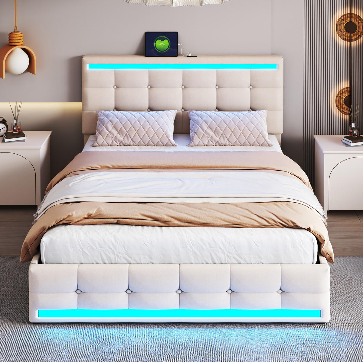 POLSTERBETT 140/200 cm Beige LED-Bett mit 4 Schubladen und USB-Anschluss - Beige, Textil (140/200cm) - OKWISH