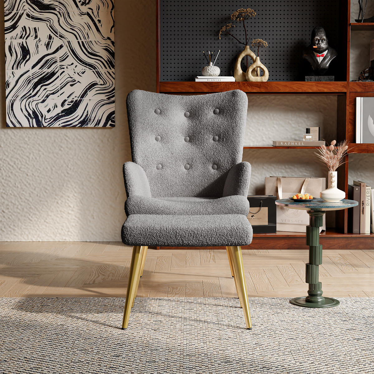 OHRENSESSEL mit Hocker,Dunkelgrau - Dunkelgrau, Metall (53/99.5/68cm)