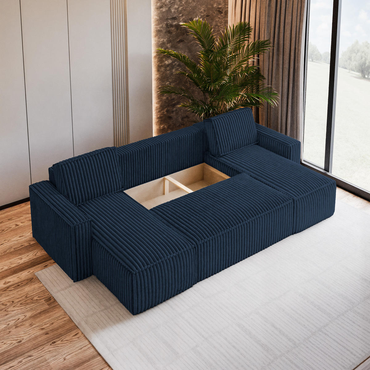 WOHNLANDSCHAFT PESANO T Blau Kordstoff mit Schlaffunktion - Blau, Holz (306/85/140cm) - MASSENO