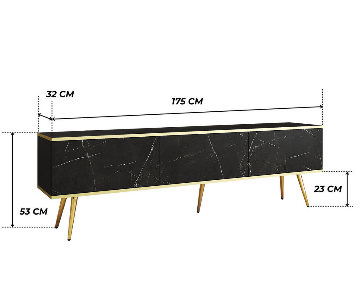 TV-LOWBOARD FORNO (Marmor Black Royal, Goldene Details, 3 Türen, goldene Metallfüße, 175 cm) - Gelb/Goldfarben, Holz/Holzwerkstoff (175/53/32cm) - Ravio