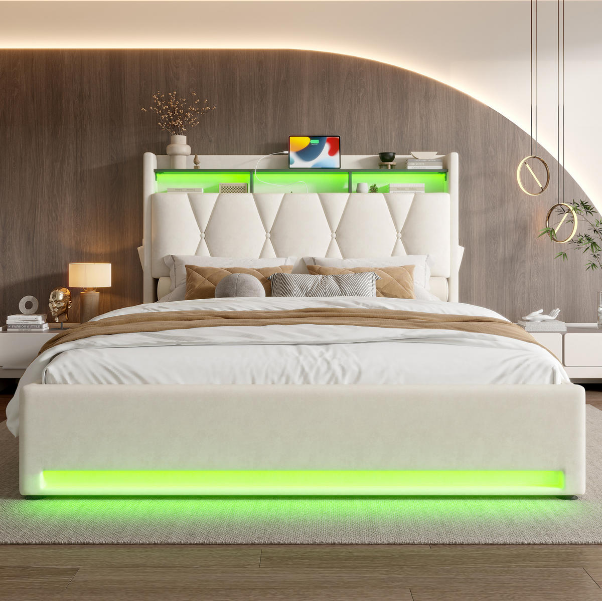 BETT mit Stauraum und LED 140x200 cm Samt Beige - Beige, Metall (140/200cm) - Meubliv