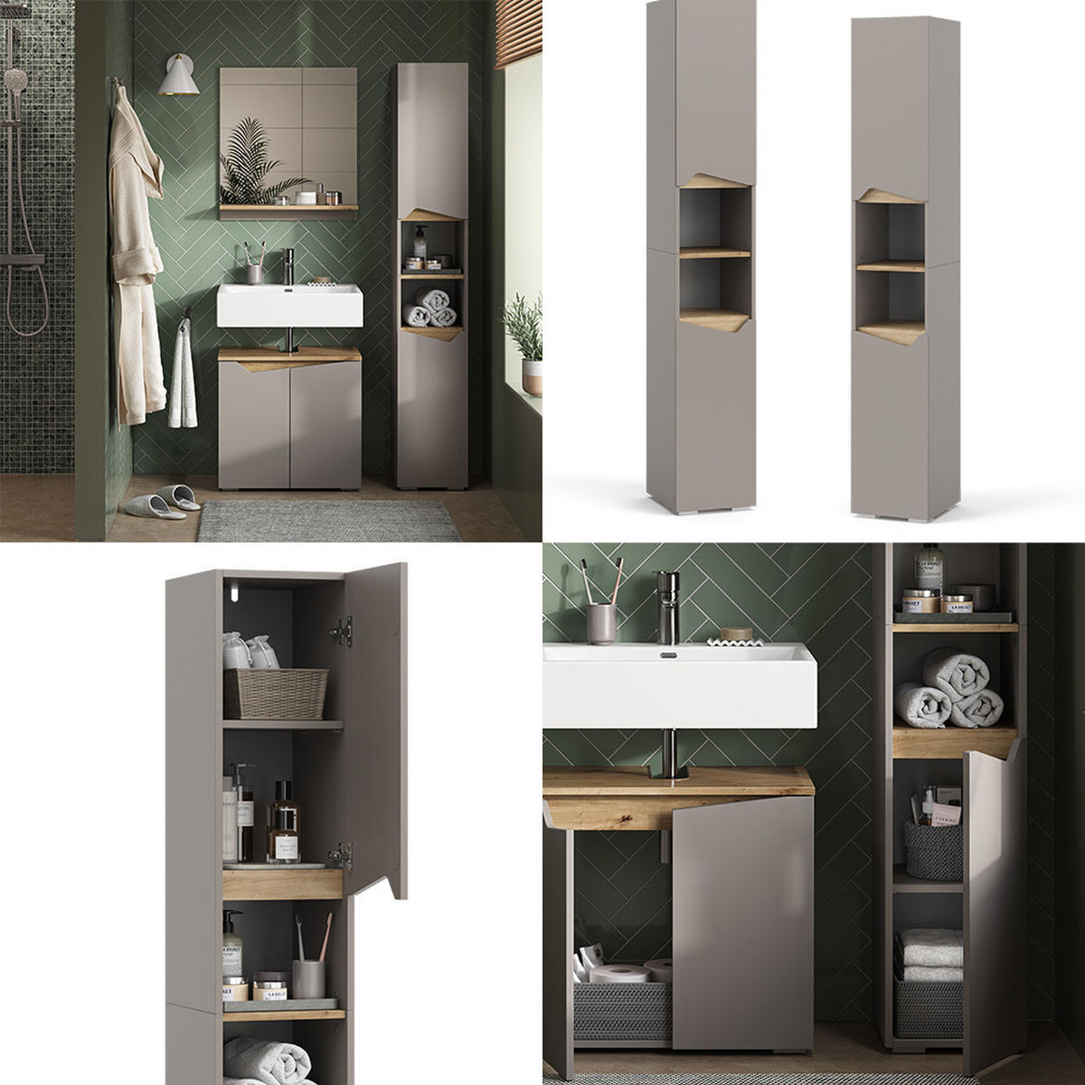 BADSCHRANK Marelle Greige 30 x 180 cm mit Türen, und offenen Fächern - Greige, Holzwerkstoff (30/180/35cm) - Vicco