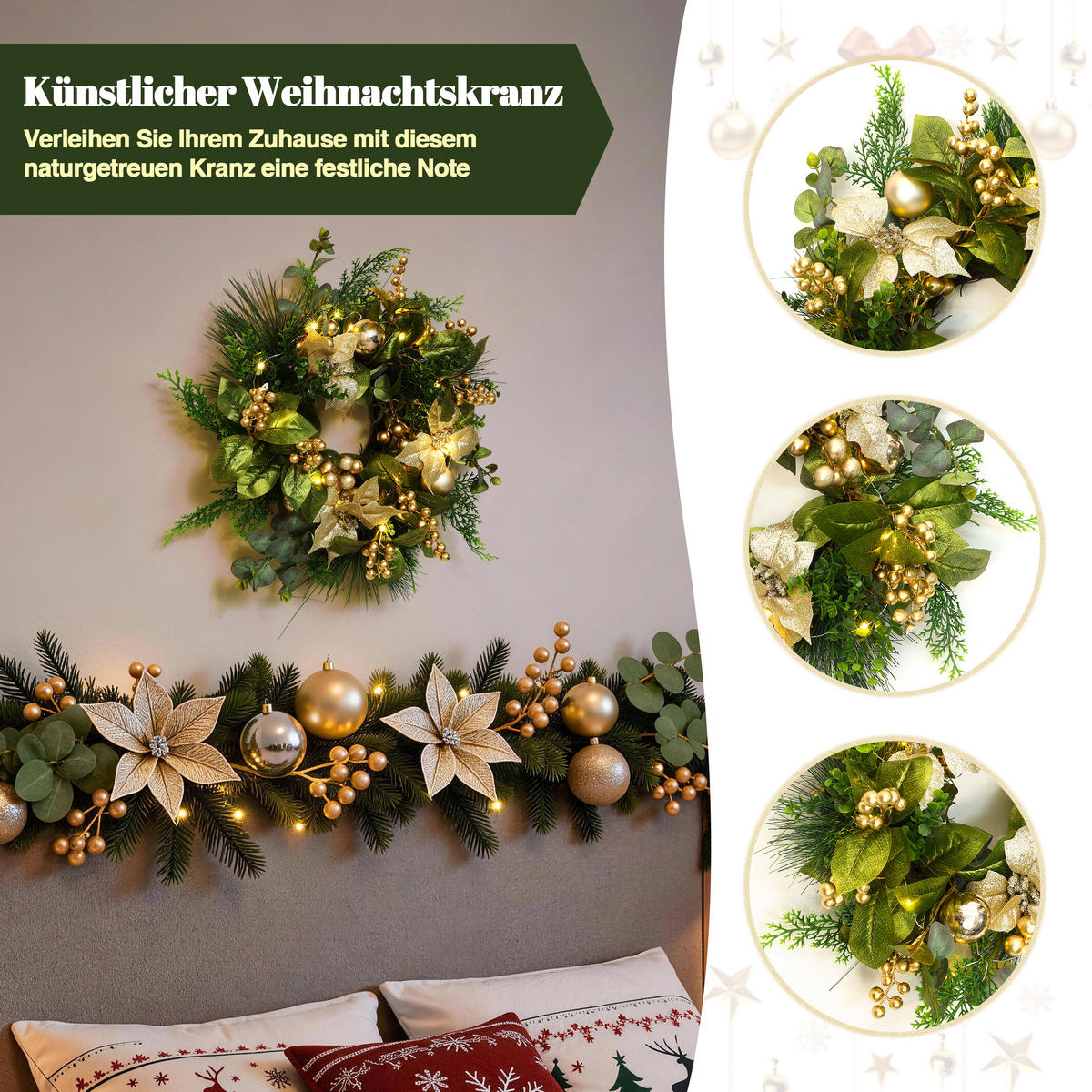 40 cm Weihnachtskranz mit LED&Timer, Goldblüten & Eukalyptus - Grün, Kunststoff (50cm) - Hometopia