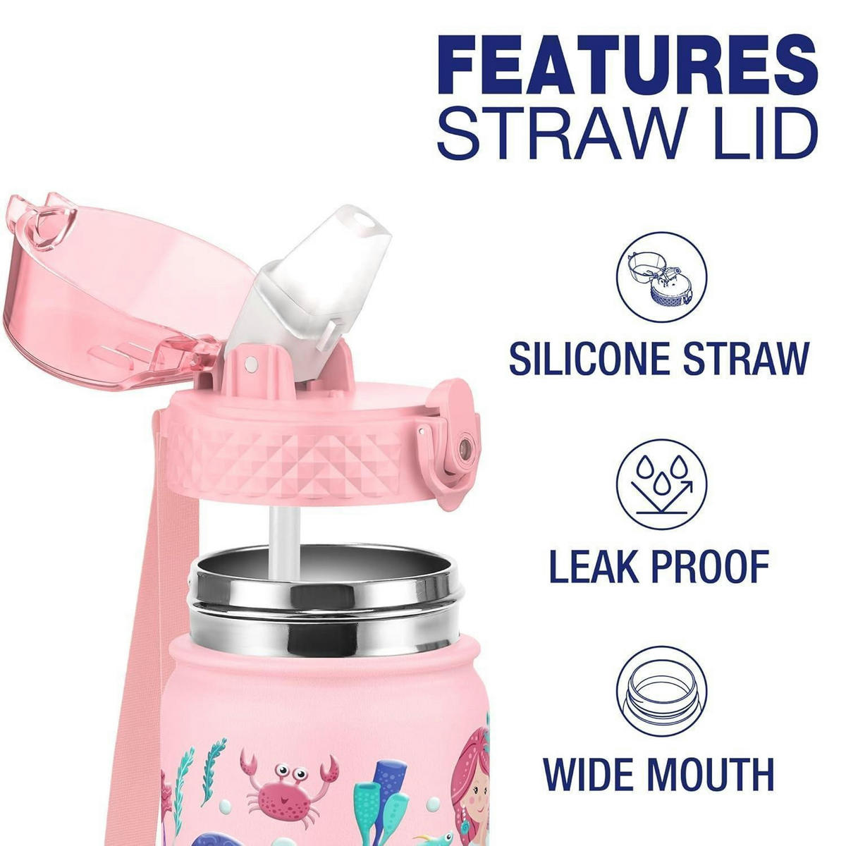 TRINKFLASCHE Kinder 550 ml Edelstahl mit Strohhalm und auslaufsicherem Deckel Rosa Meerjungfrau - Rosa, Metall (7.5/7.5cm)