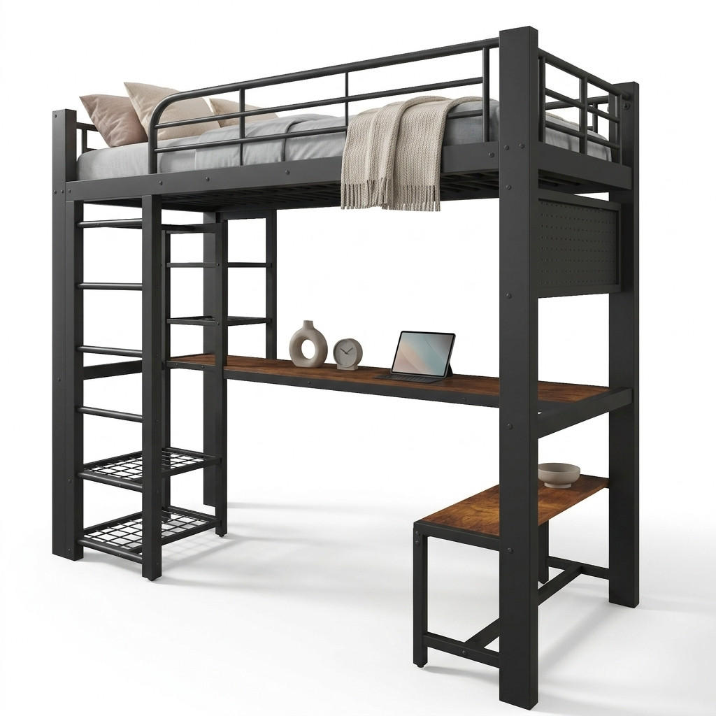 HOCHBETT 90/200 cm in Schwarz mit LED, Ablagen, Schreibtisch und Kleiderstange aus Metall - Schwarz, Metall - STILVORA