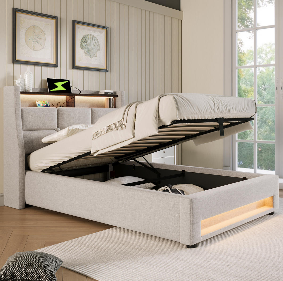 POLSTERBETT 90/200 cm in Beige mit USB-Anschluss, LED-Beleuchtung und Stauraum - Beige, Textil (90/200cm) - Flora Grace