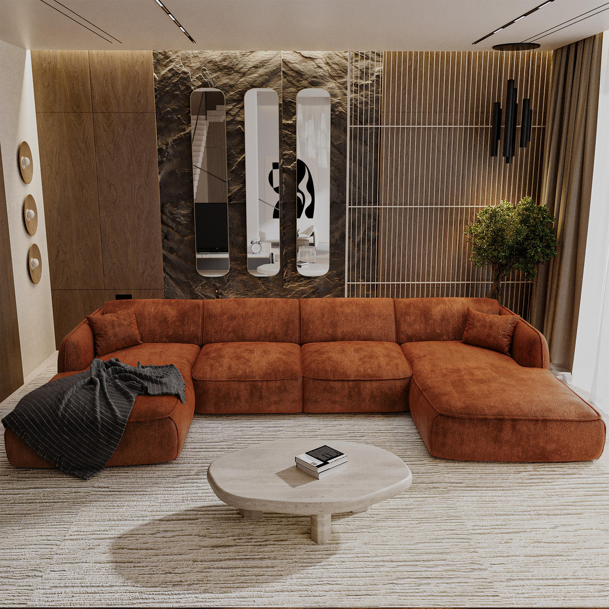 WOHNLANDSCHAFT Rastervelours Terracotta 346cm - Dunkelorange/Terra cotta, Textil (346/76/166cm) - Sia Home