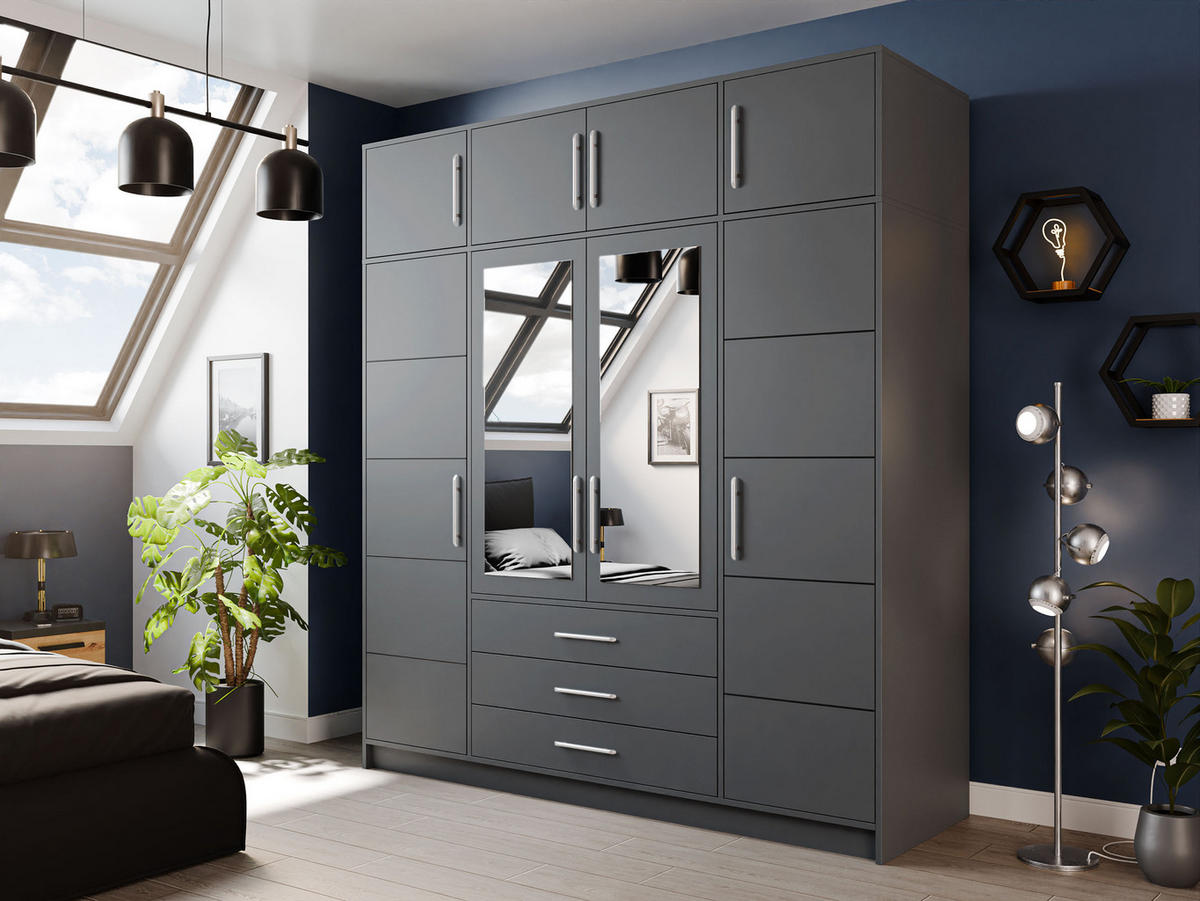KLEIDERSCHRANK Bali D4 + Schrankaufsatz - Silberfarben/Graphitfarben, Holzwerkstoff (196/245/58cm) - MIRJAN24