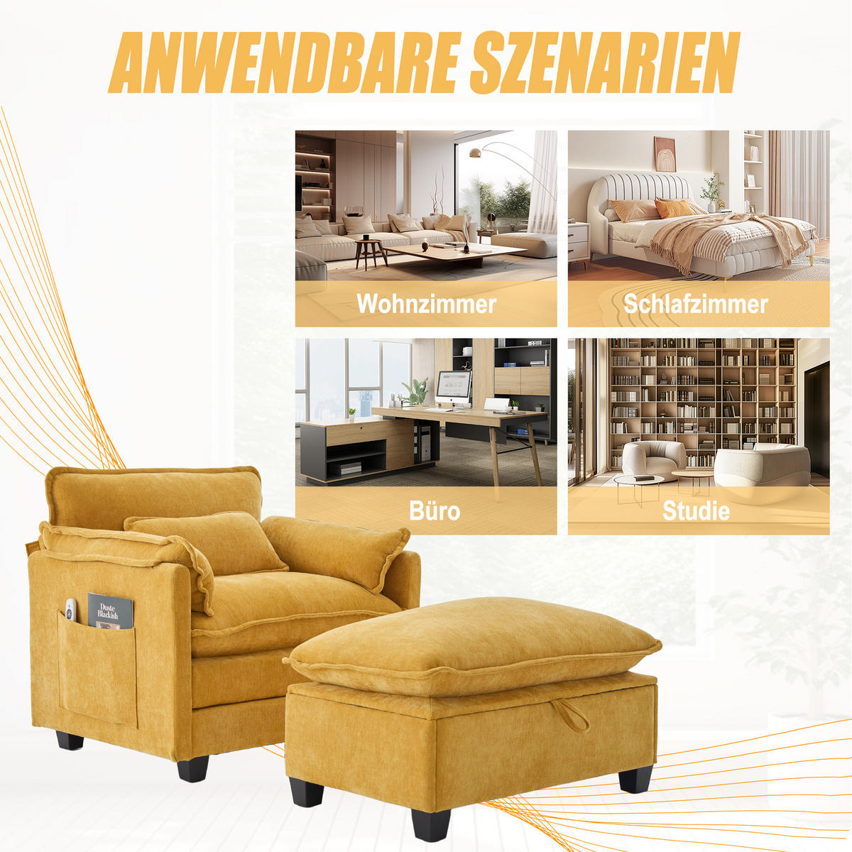 LOUNGESESSEL mit Hocker und Stauraum in Samt, 103 / 85 / 91 cm - Gelb, Textil (85/91/103cm) - PARAFTA HOME