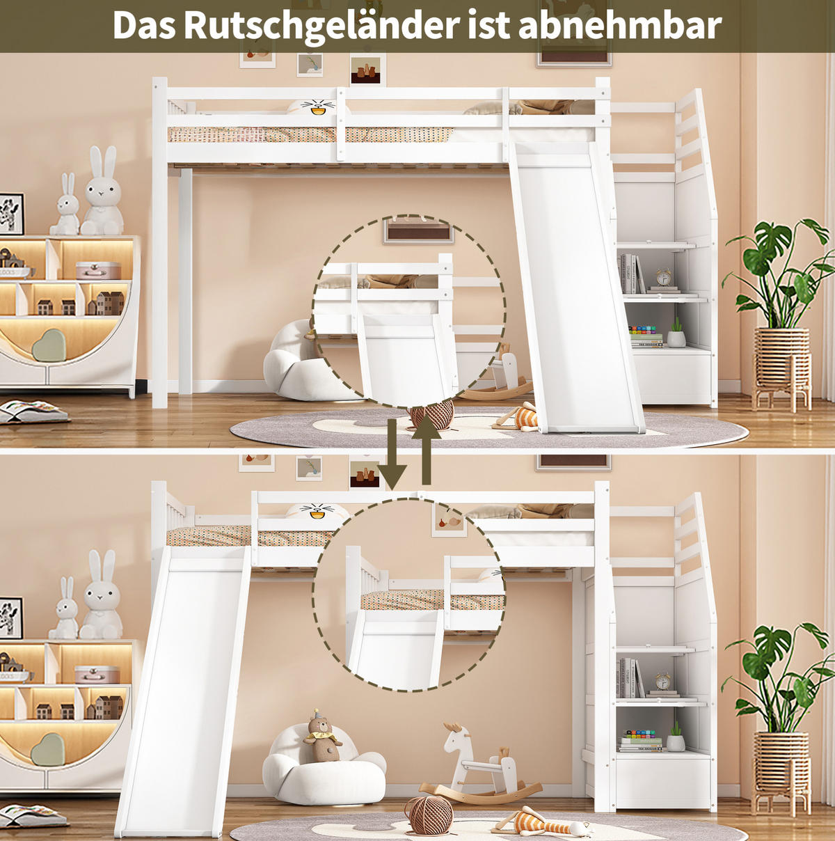 HOCHBETT 90/200 cm, Weiß mit Rutsche und Ablageleiter, ohne Matratze - Weiß, Holz (90/200cm) - MIVRAY