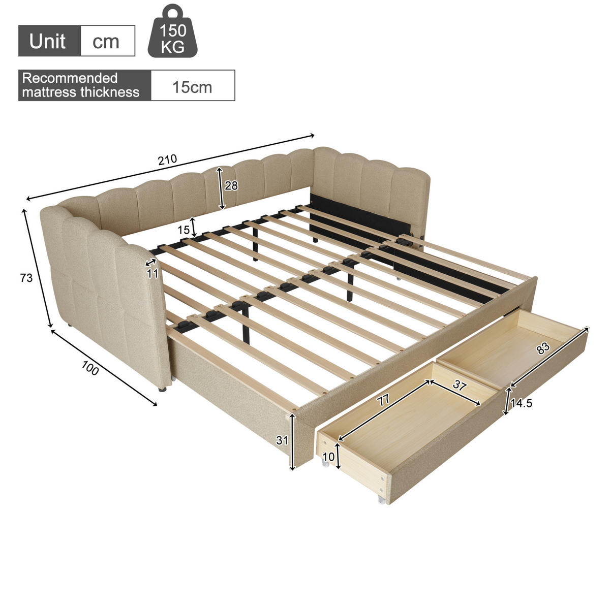 TAPECIRANI krevet na izvlačenje od šenila 210x100x73 cm bež s 2 ladice, USB i Type-C priključkom - bež, tekstil (90/190cm) - Modfu